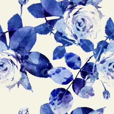 Fototapete Rosen und Blätter in Blautönen