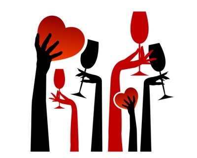 Rot-schwarze Grafik mit Getränken und Herzen