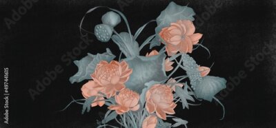 Fototapete Rote Blüten und grüne Blätter auf schwarzem Hintergrund