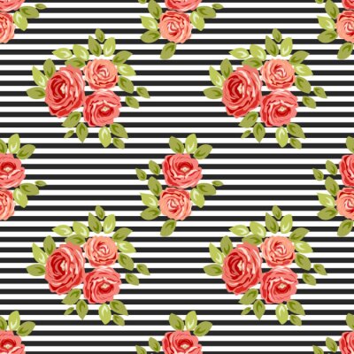 Tapete Rote Blumen mit Blättern auf einem schwarz-weiß gestreiften Hintergrund