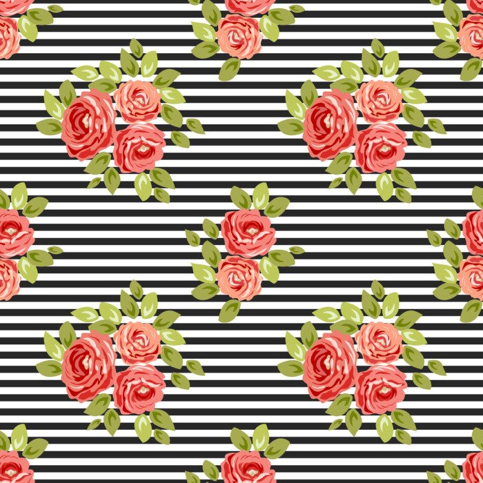 Fototapete Rote Blumen mit Blättern auf einem schwarz-weiß gestreiften Hintergrund