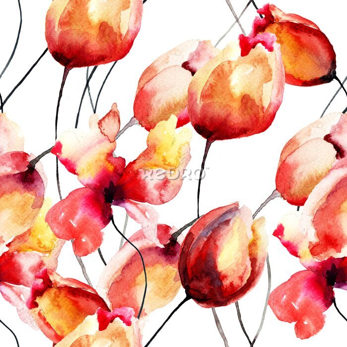 Fototapete Rote Tulpen mit Aquarellfarben gemalt