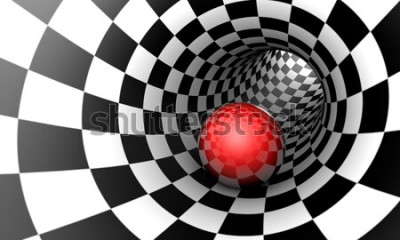 Fototapete Roter Ball in einem schwarz-weißen 3D-Tunnel