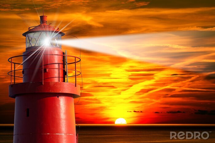 Fototapete Roter Leuchtturm am Abend