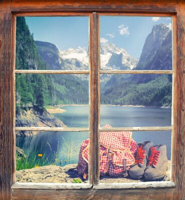 Fototapete Rucksack und schuhe vor fenster