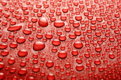 Fototapete Runde Wassertropfen auf rotem Hintergrund