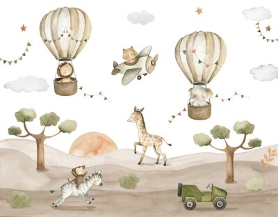 Fototapete Safari Animals Baby Watercolor Illustration with lion, zebra, giraffe, monkey and elephant in hot air balloons