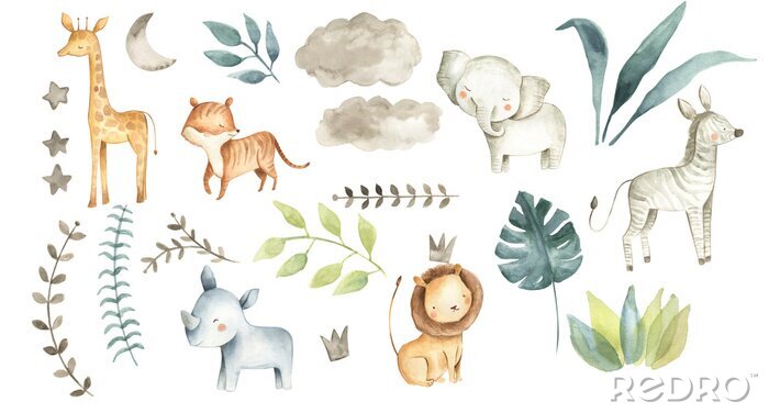 Fototapete Safari animals watercolor illustration baby nursery 