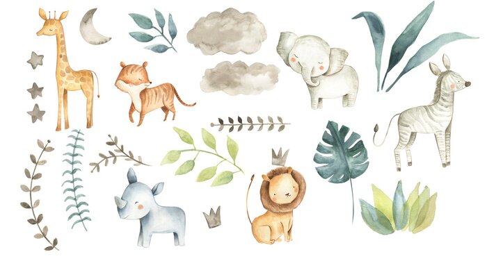 Fototapete Safari animals watercolor illustration baby nursery 