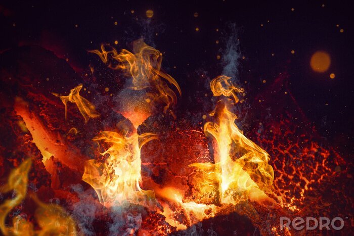 Fototapete Sanftes Feuer von brennendem Holz im Lagerfeuer