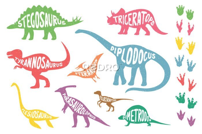 Fototapete Satz bunte lokalisierte Dinosaurier mit Beschriftung und Abdrücken. Vektor-Illustration.