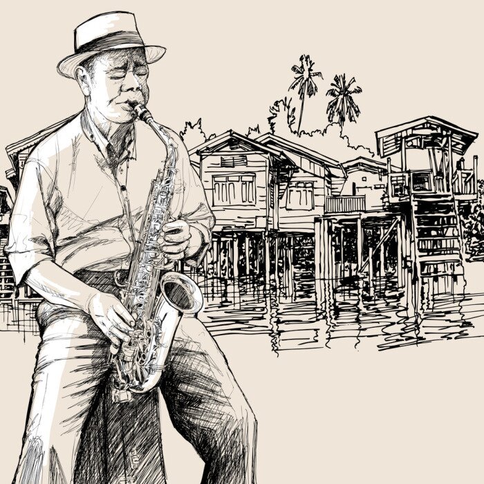 Fototapete Saxophonist vor dem Hintergrund der Stadt