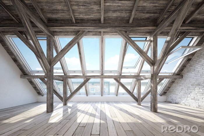 Fototapete Scandinavian attic interior with wooden beam roof construction and wooden floor