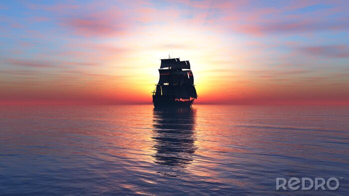 Fototapete Schiff bei Sonnenuntergang