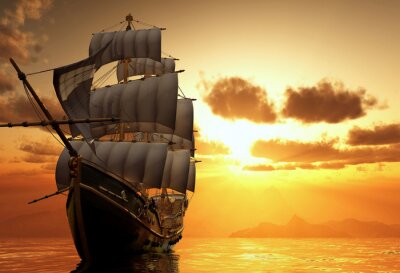 Fototapete Schiff vor dem Hintergrund der untergehenden Sonne
