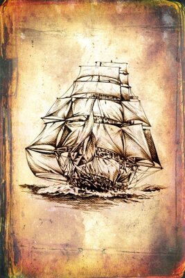 Fototapete Schiffszeichnung auf altem Pergament