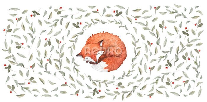Fototapete Schlafender Aquarell-Fuchs inmitten von Blättern