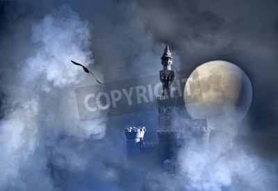 Fototapete Schloss in Wolken bei Vollmond