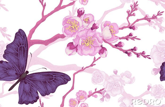 Fototapete Schmetterling auf einer rosa Blume mit Zweigen