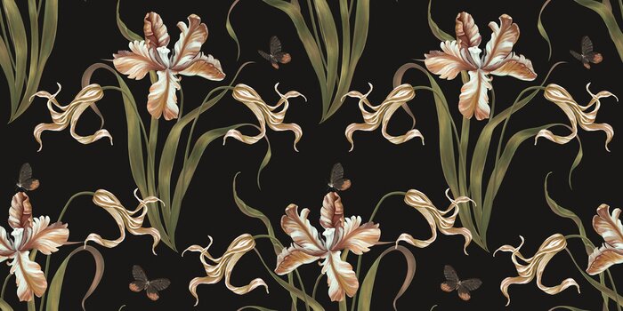 Fototapete Schmetterlinge inmitten von Tulpen im Retro-Stil