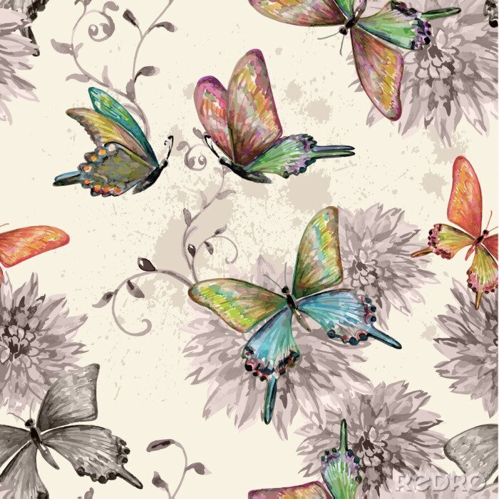 Fototapete Schmetterlinge und Blumen im Retro-Stil