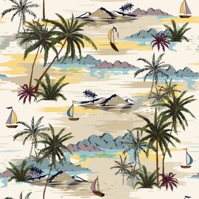 Schönes nahtloses Inselmuster der Weinlese auf weißem Hintergrund. Landschaft mit Palmen, Strand und Ozeanvektor handgezeichneten Stil