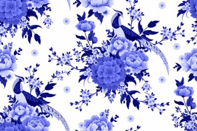 Schönes nahtloses Muster mit Diamantfasan, der auf Pfingstrosenzweig mit blühender Sakura, Pflaume und Gänseblümchen für Sommerkleid im chinesischen Stil sitzt