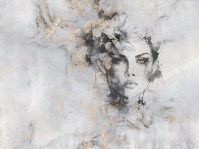 Schönes Porträt einer Frau auf Beton mit goldenen Elementen