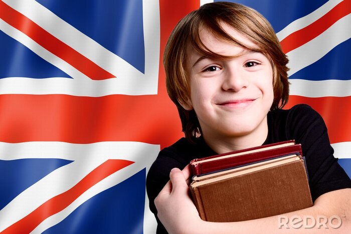 Fototapete Schüler mit britischer Flagge im Hintergrund