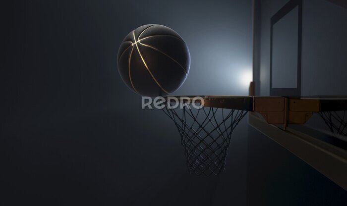 Fototapete Schwarz-goldener Basketball, der auf einem Ring balanciert