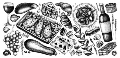Fototapete Schwarz-Weiß-Illustration mit französischem Essen