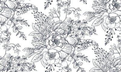 Fototapete Schwarz-Weiß Muster mit Blumen