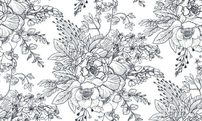 Fototapete Schwarz-Weiß Muster mit Blumen