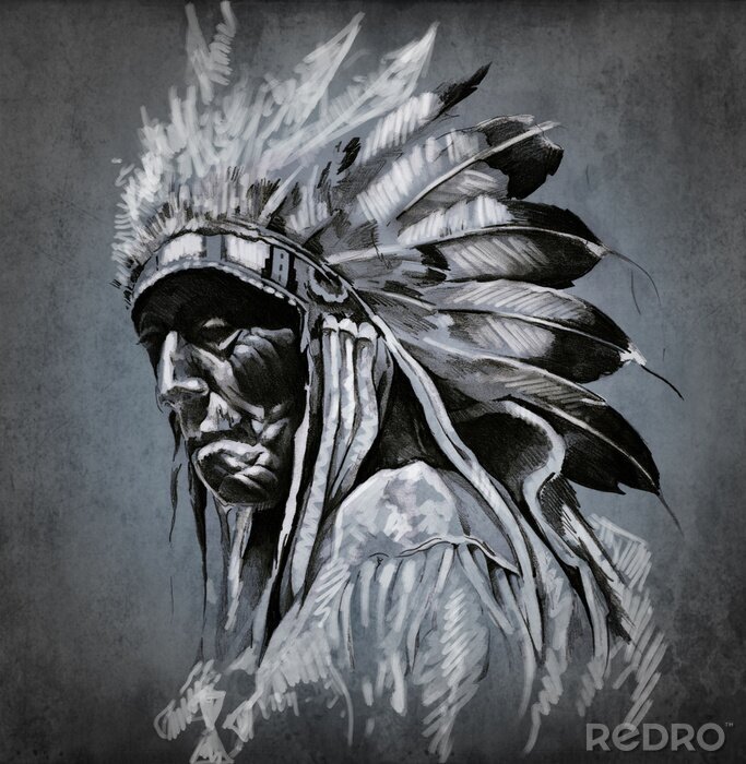Fototapete Schwarz-Weiß-Porträt eines Indianers