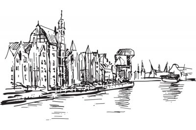 Fototapete Schwarz-weiße architektonische Skizze in Danzig