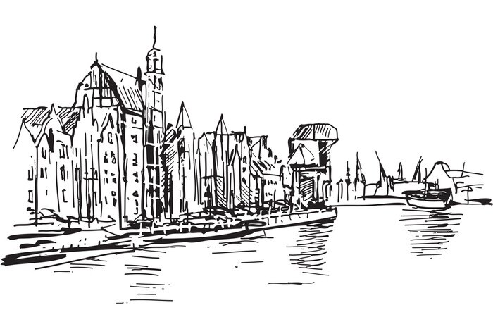 Fototapete Schwarz-weiße architektonische Skizze in Danzig