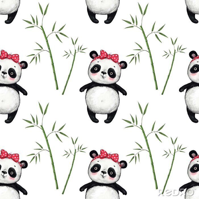 Fototapete Schwarz-weiße Bären zwischen Bambuszweigen