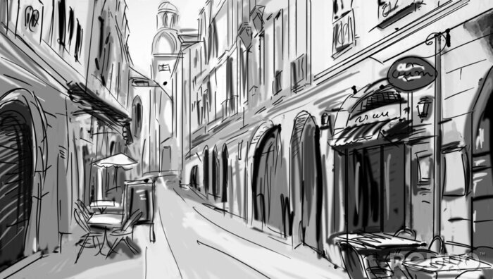 Fototapete Schwarz-weiße Gasse mit Restaurants