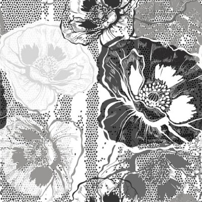 Fototapete Schwarz-weiße grafische Mohnblumen