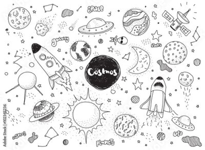 Fototapete Schwarz-weiße Weltraumsymbole für Kinder