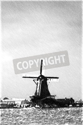 Fototapete Schwarz-weiße Windmühle