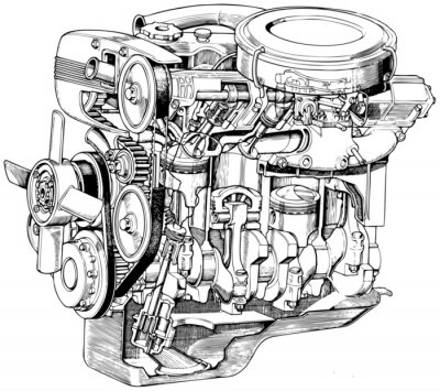 Fototapete Schwarz-weiße Zeichnung des Motors