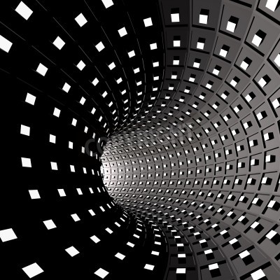 Fototapete Schwarz-weißer 3D-Tunnel mit geometrischem Raster
