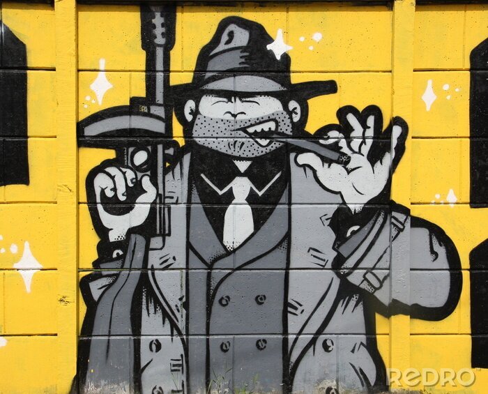 Fototapete Schwarz-weißer Gangster auf Graffiti