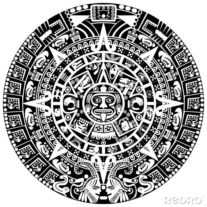 Fototapete Schwarz-weißer Maya-Kalender