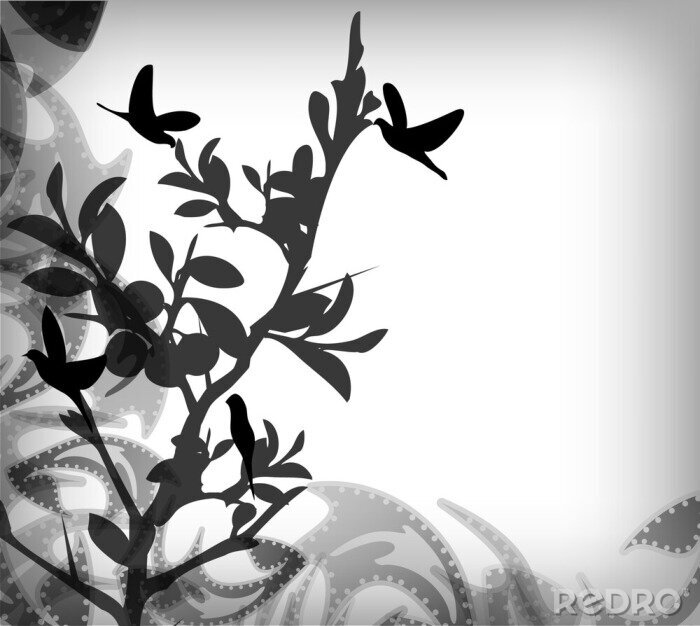 Fototapete Schwarz-weißer Zweig mit Vögeln