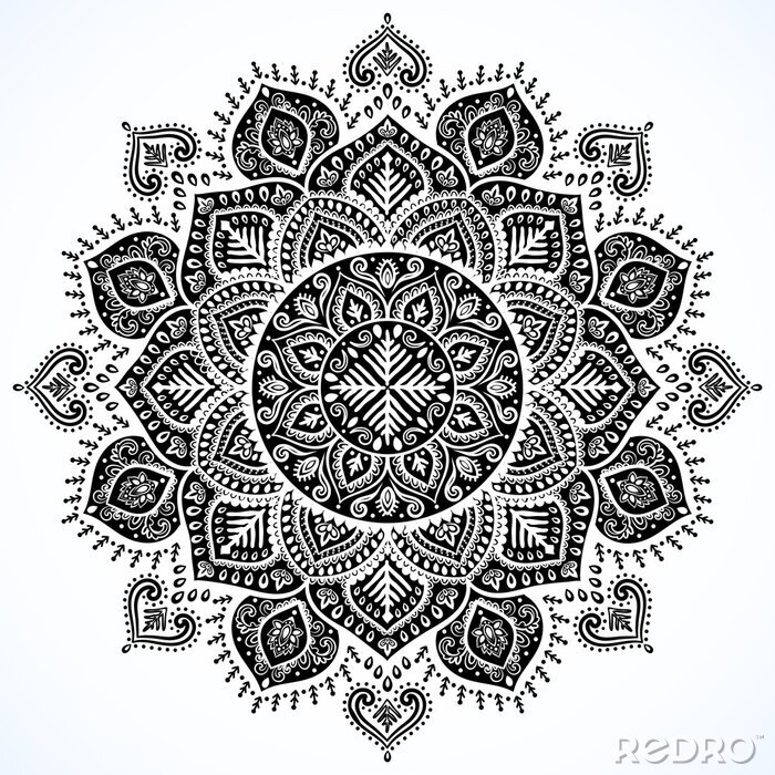 Fototapete Schwarz-weißes Mandala auf weißem Hintergrund