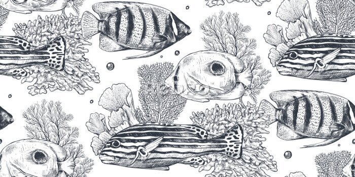 Fototapete Schwarz-weißes Meeres-Muster mit Fischen