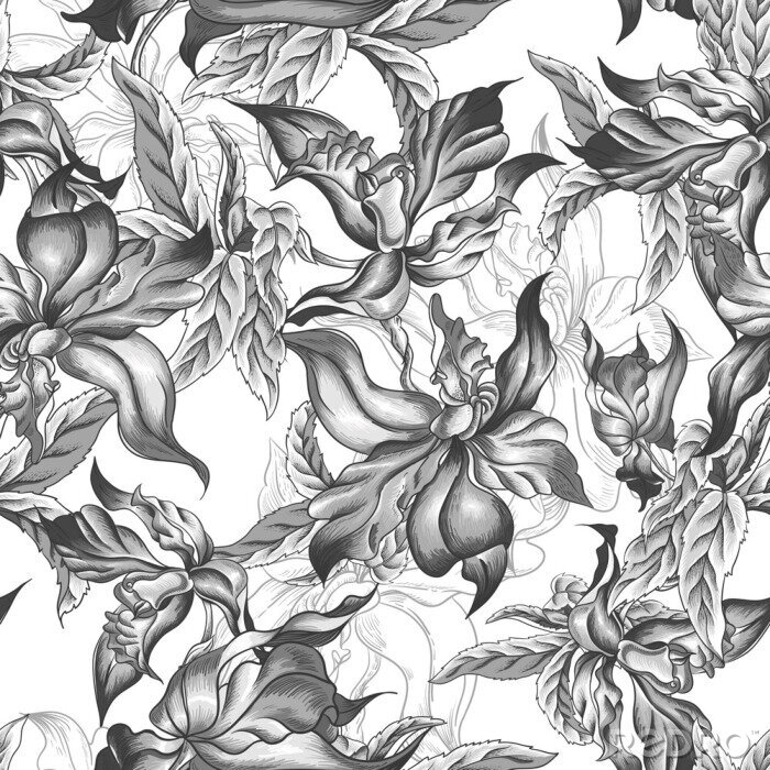 Fototapete Schwarz-weißes Motiv mit Orchideen und Blättern