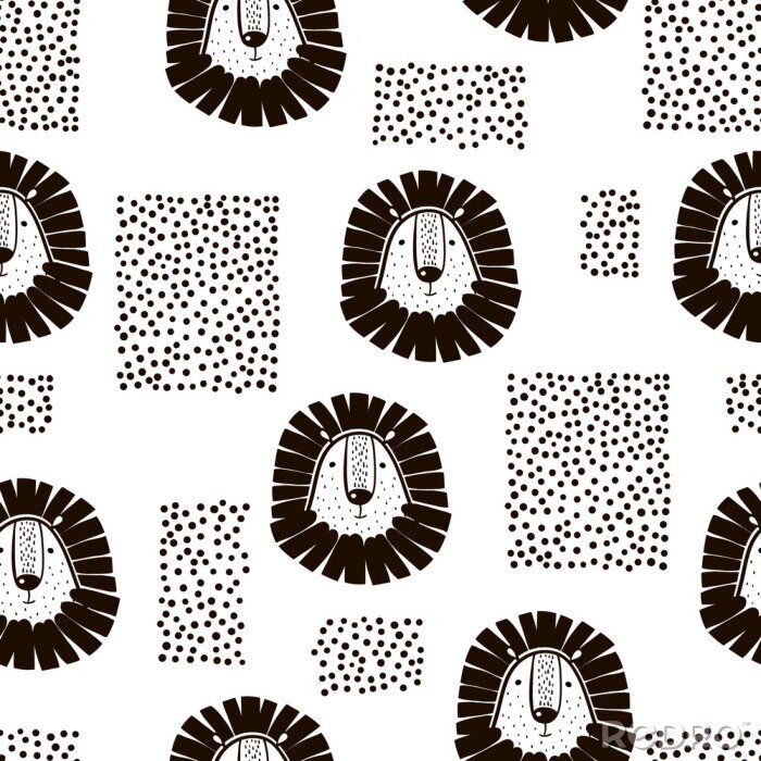 Fototapete Schwarz-weißes Muster für Kinder mit Löwen